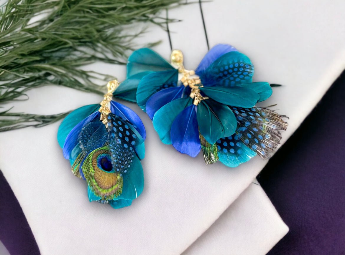 Gold Tone and Feather Blue/Green/ Black Earrings - Reed House of Jewels