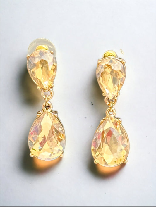 Gold Tone and Light Topaz Crystal Double Teardrop Post Earrings - Reed House of Jewels