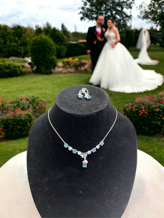 Silver Tone Blue Stone and Crystal Statement Necklace & Matching Drop Earrings 2 - Piece Set - Reed House of Jewels