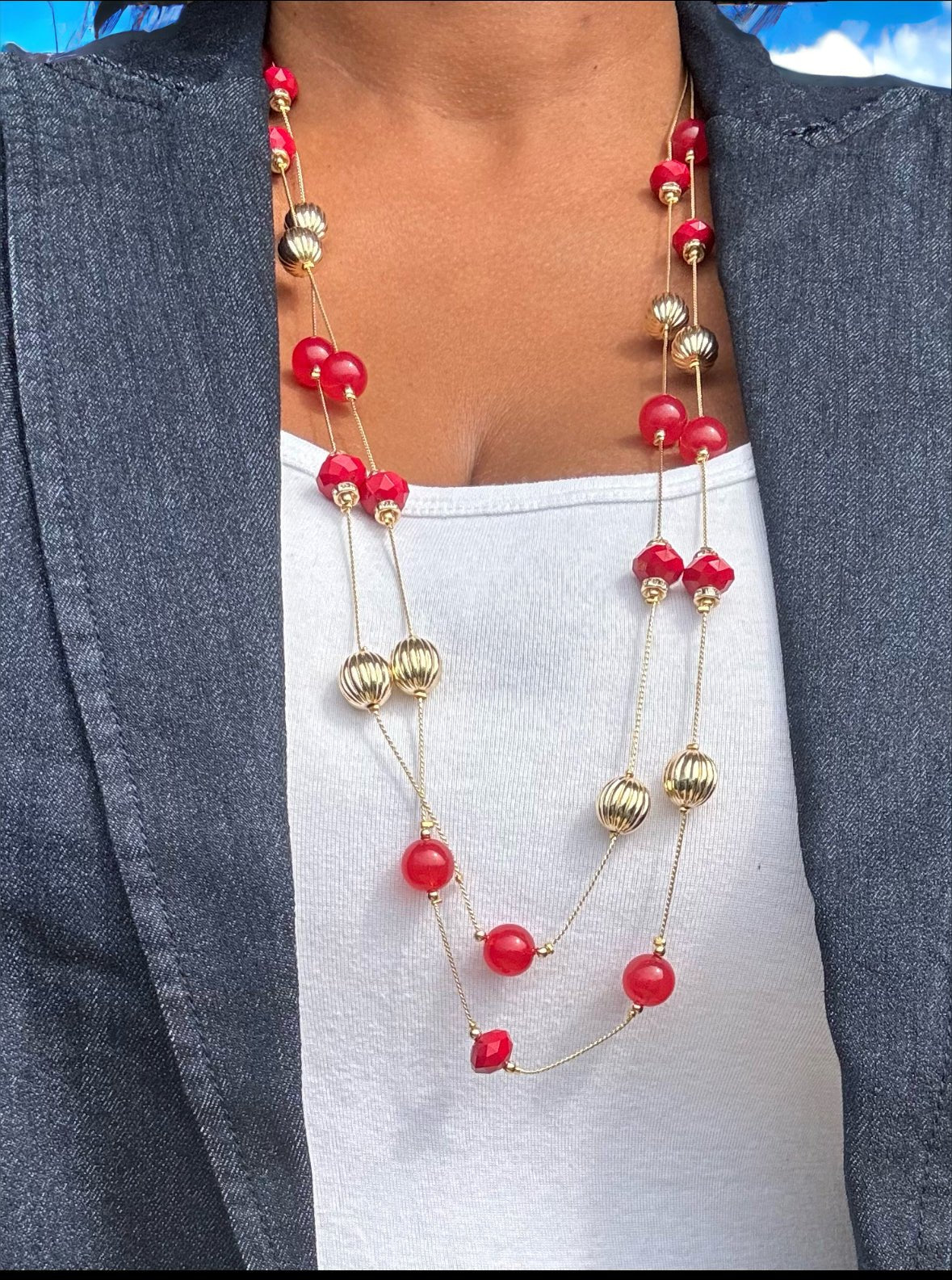 Red and Gold Beaded Necklace & Drop Earring Jewelry Set - Reed House of Jewels