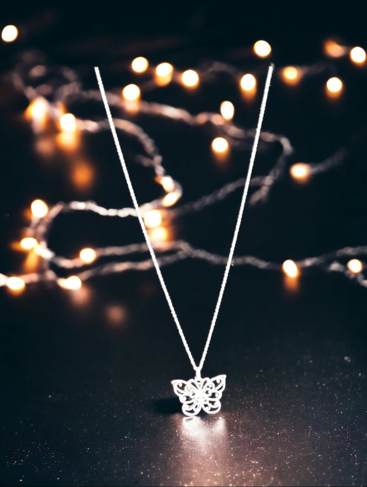 Silver Tone Small Filigree Pattern Butterfly Necklace - Reed House of Jewels