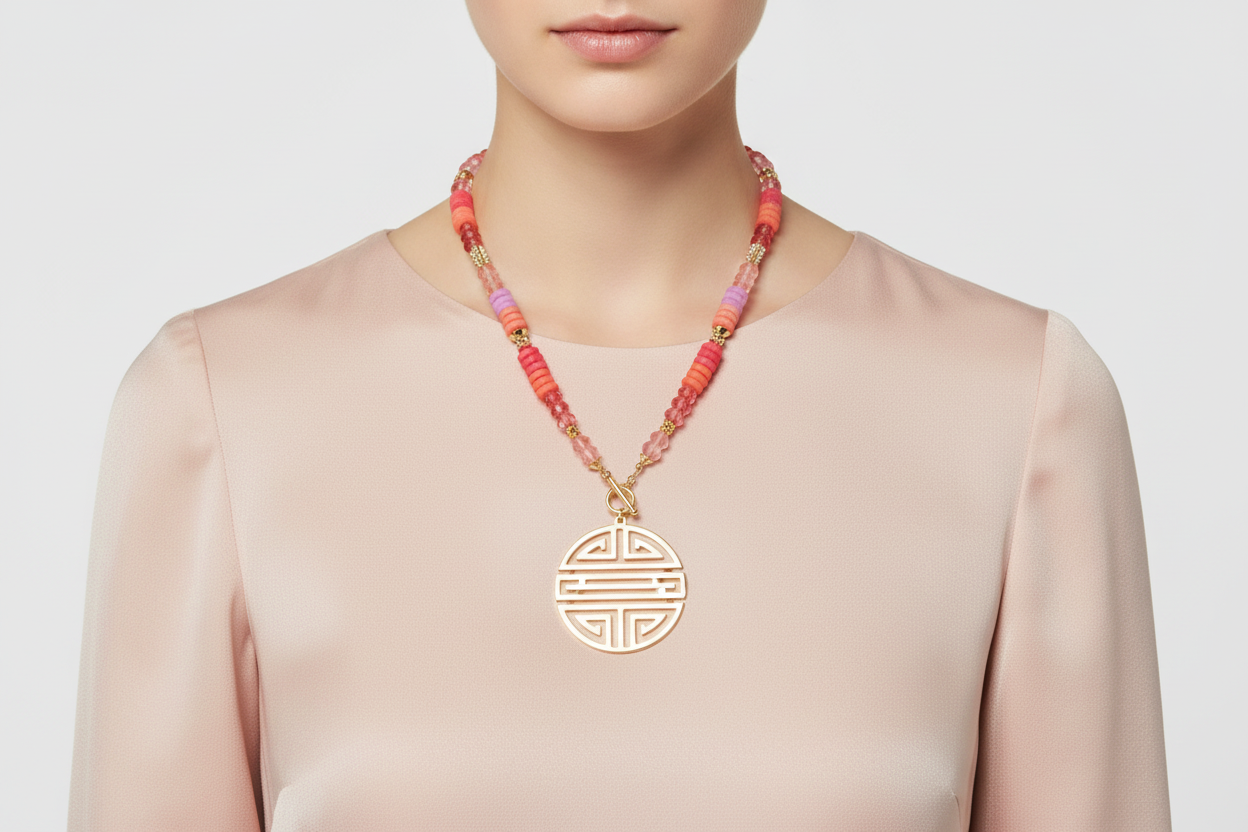 Beaded Geo-Link Shou Pendant Necklace