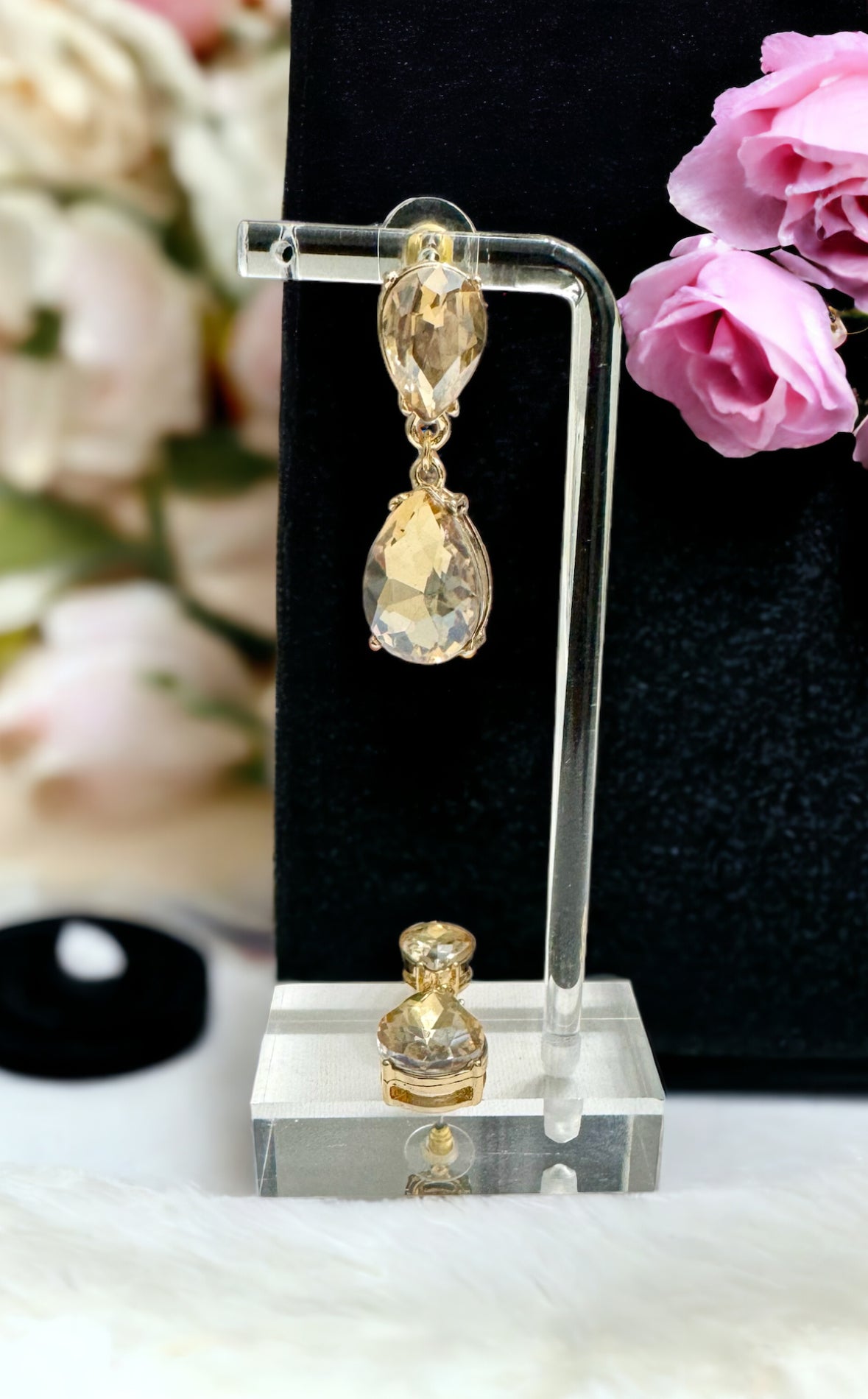 Gold Tone and Light Topaz Crystal Double Teardrop Post Earrings - Reed House of Jewels