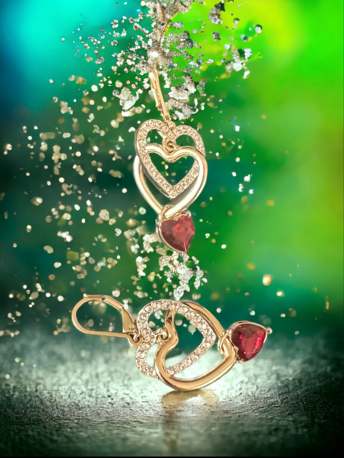 Gold Tone Red Heart and Crystal Double Drop Lever Back Earrings - Reed House of Jewels