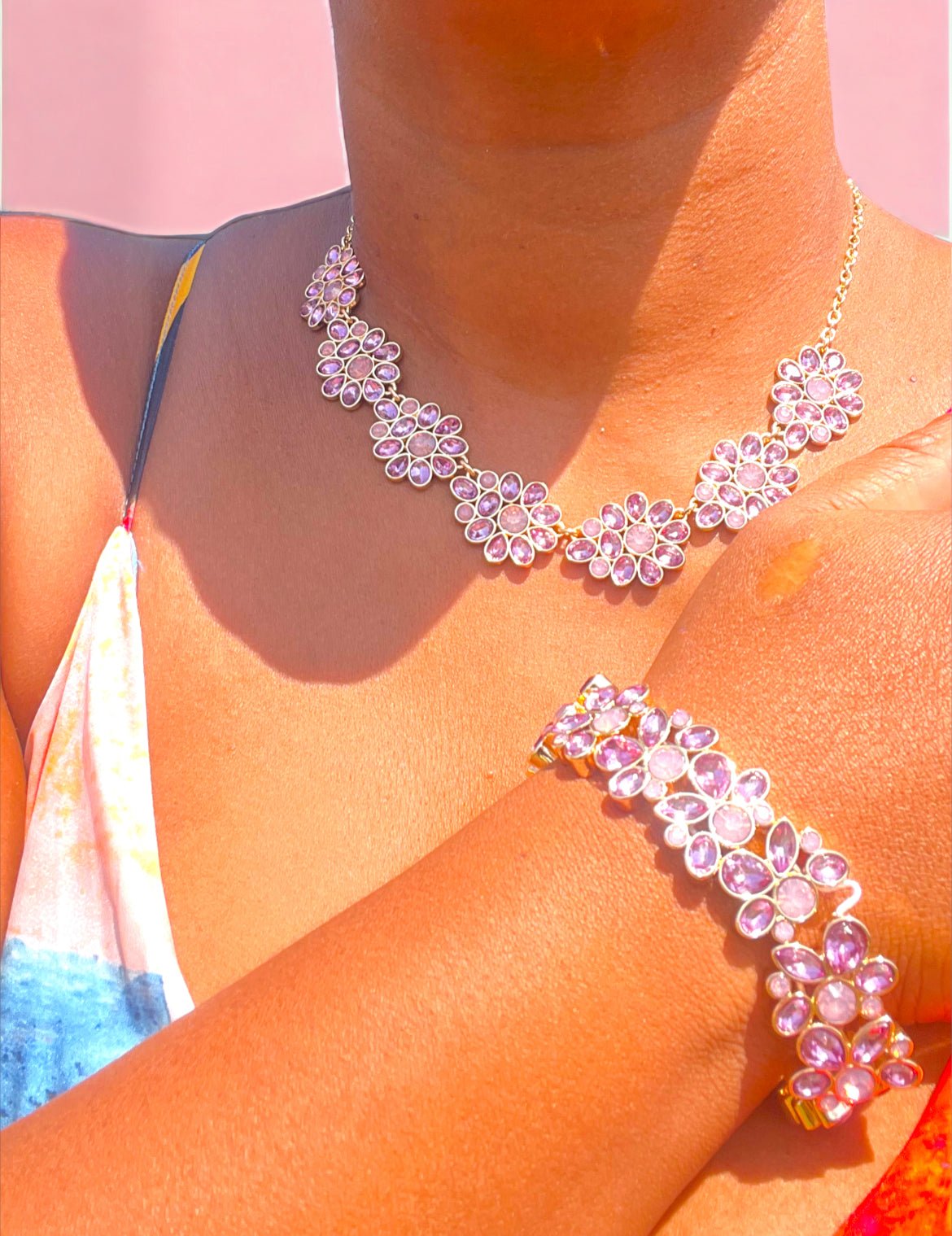 Gold Tone Pink Blossom Necklace and Bracelet Set - Reed House of Jewels