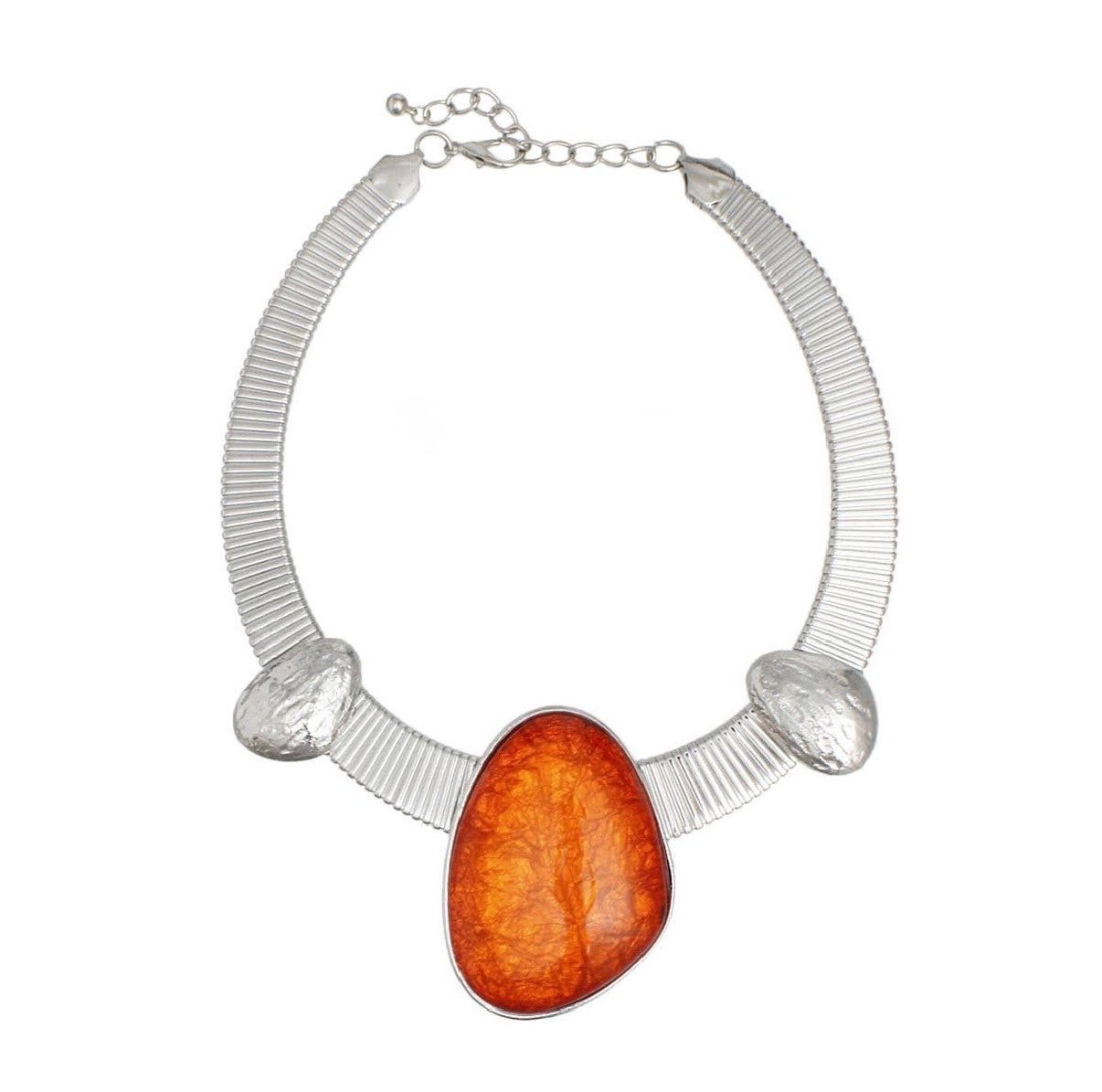 Silver Tone Omega Orange Resin Pendant Collar Necklace - Reed House of Jewels