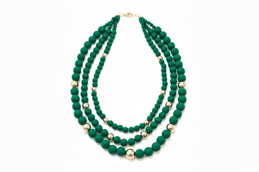 Chunky Triple Stand Green Beaded Necklace
