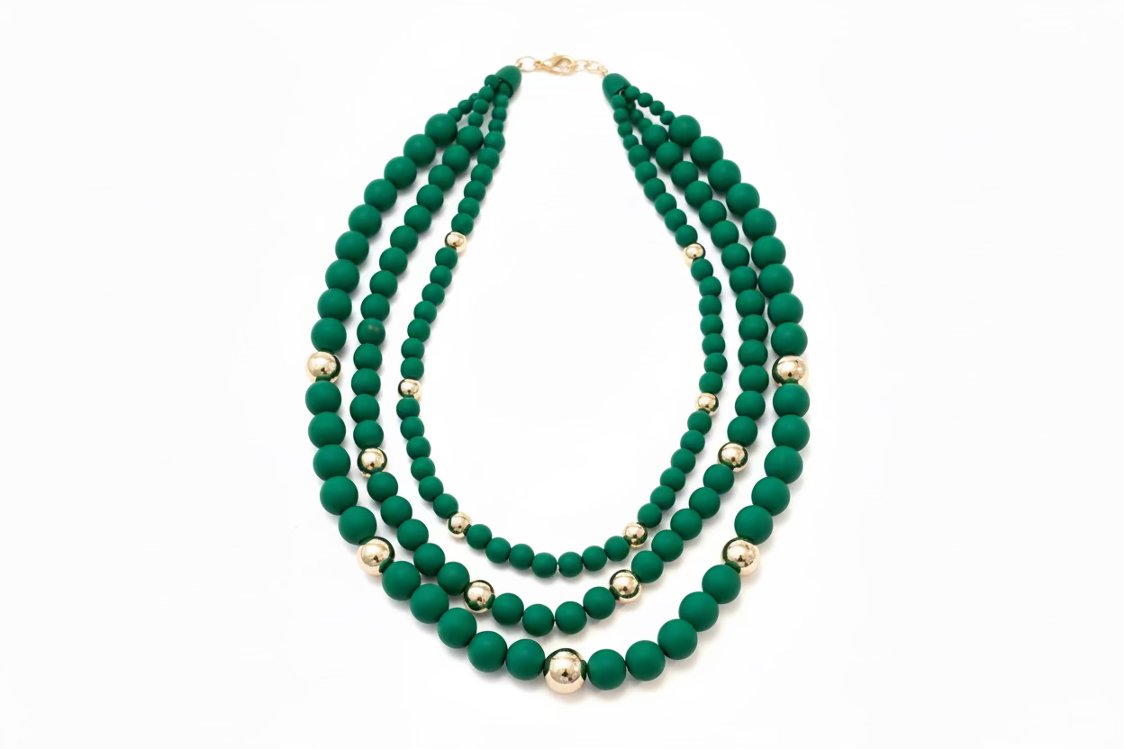 Chunky Triple Stand Green Beaded Necklace