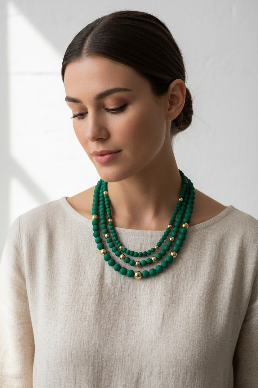 Chunky Triple Stand Green Beaded Necklace