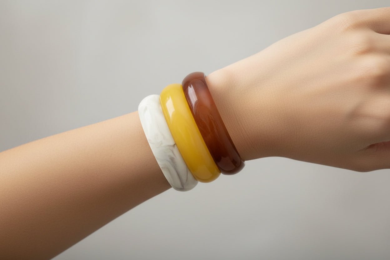 3 pc Chunky Bangle Bracelets Marble Natural/Yellow/Brown - Reed House of Jewels