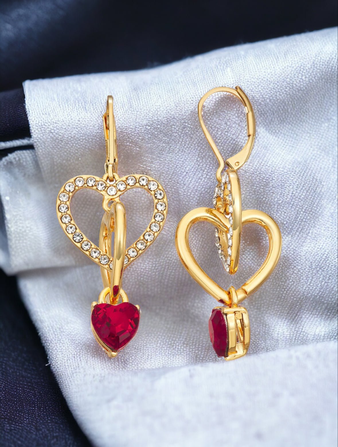 Gold Tone Red Heart and Crystal Double Drop Lever Back Earrings - Reed House of Jewels