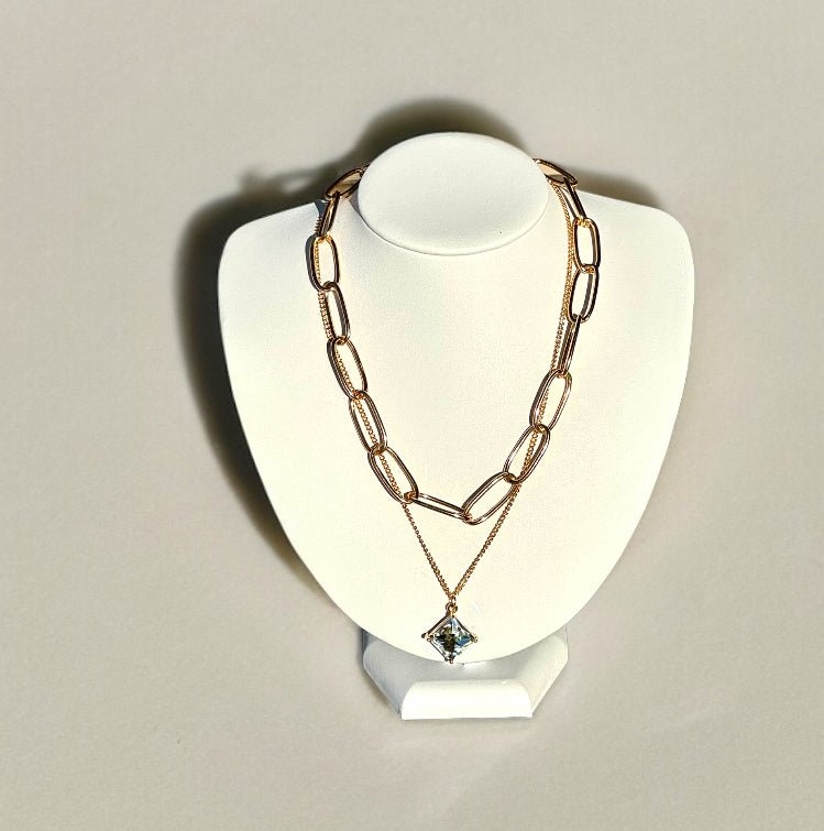 Two Layer Chunky Gold Tone Necklace with Square Stone - Reed House of Jewels