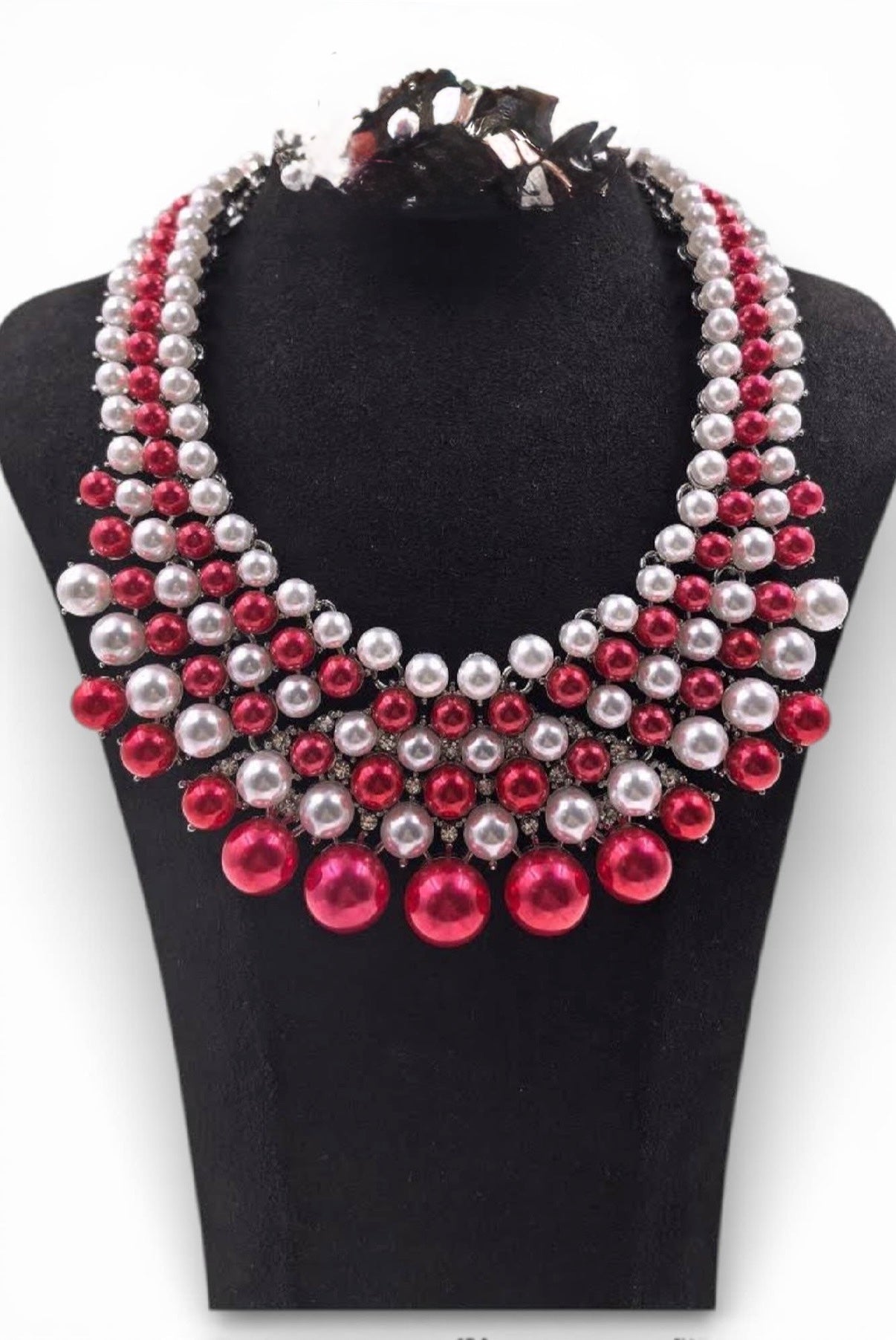 Chunky Red & White Faux Pearl Multi - Stand Statement Bib Necklace - Reed House of Jewels
