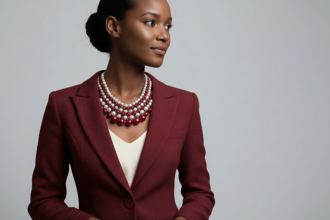 Chunky Red & White Faux Pearl Multi - Stand Statement Bib Necklace - Reed House of Jewels