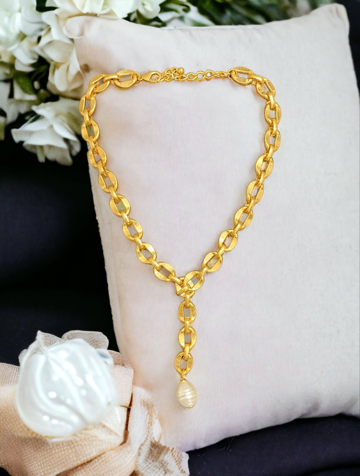 Freshwater Pearl Bold Link Necklace - Gold - Reed House of Jewels