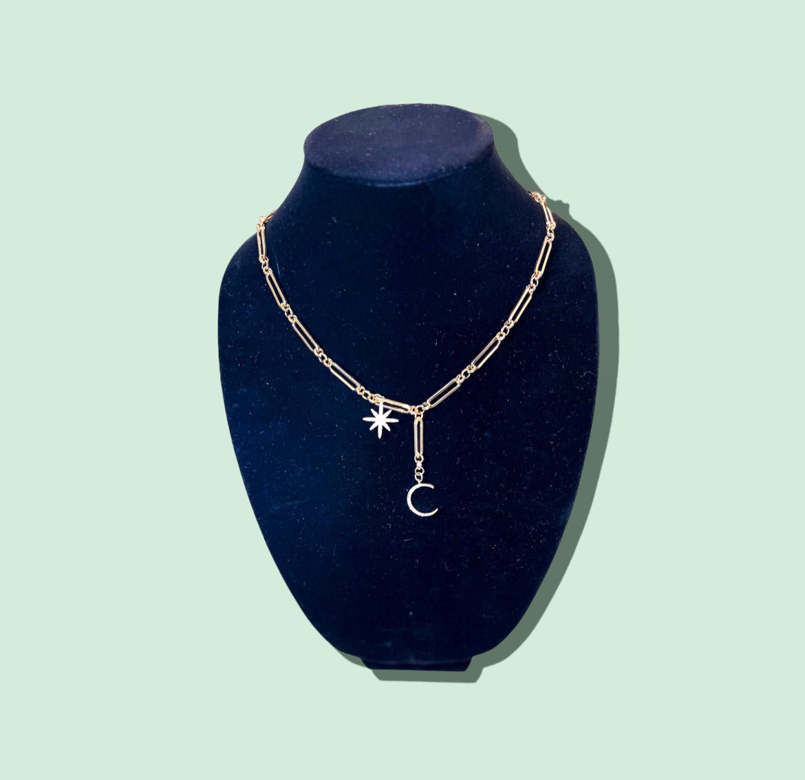 Star and Moon Gold Tone and Crystal 19" + 3" Necklace - Reed House of Jewels