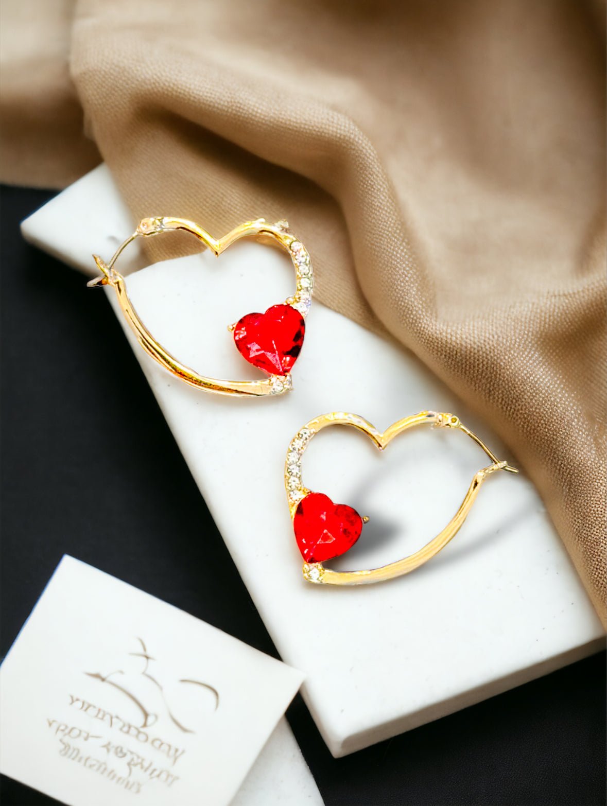 Red Stone Heart Hoops with Crystals Earrings - Reed House of Jewels