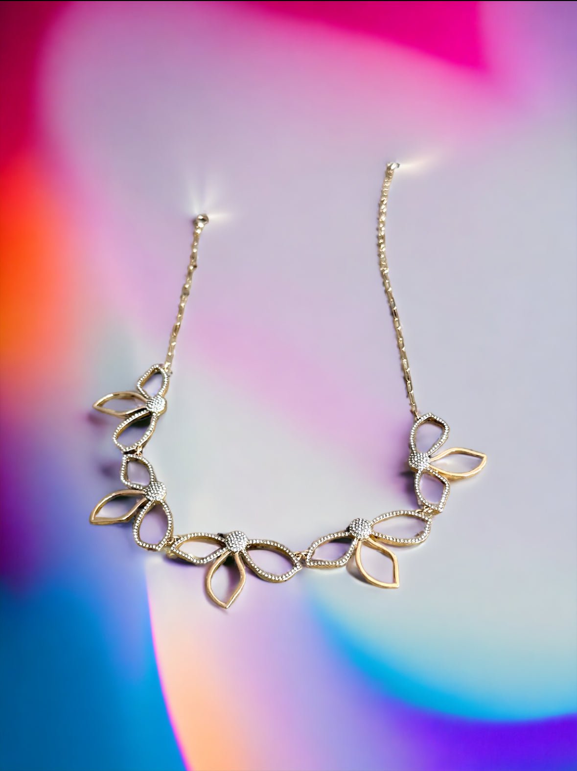 3 Leaf Floral Crystal and Gold Tone Paperclip Necklace - Reed House of Jewels