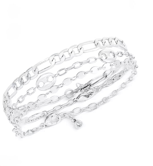 3 - Pc. Set Silver Mariner & Chain Link Bracelets Stack - Reed House of Jewels