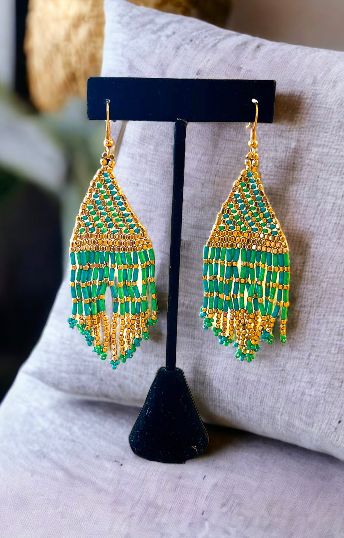 Green and Gold Beaded Dangle Earrings - Reed House of Jewels