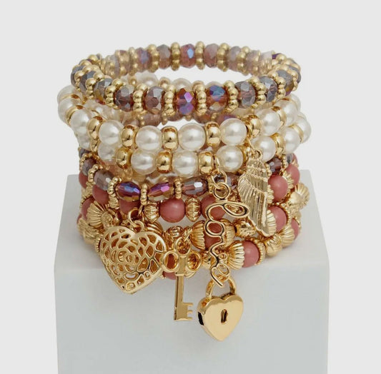 Mauve and Pearl Love Charm Bracelet Stack - Reed House of Jewels