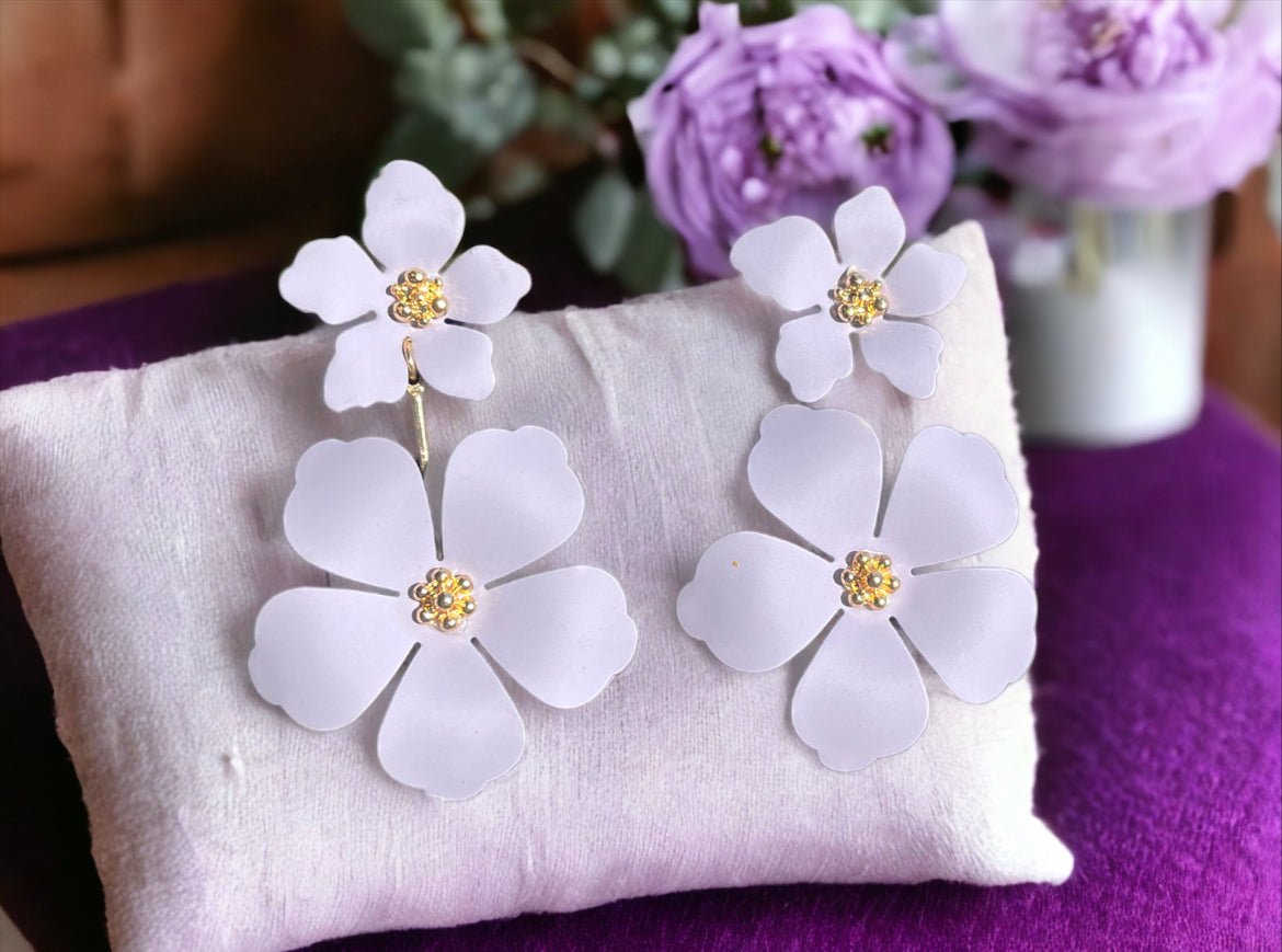 Lavender/Purple Gold Tone Dangle Flower Blossom Earrings - Reed House of Jewels