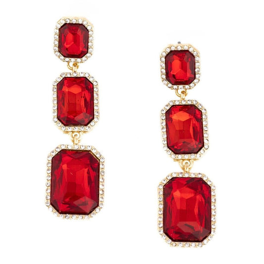 Red Rhinestone Octagon Drop Earrings - Reed House of Jewels