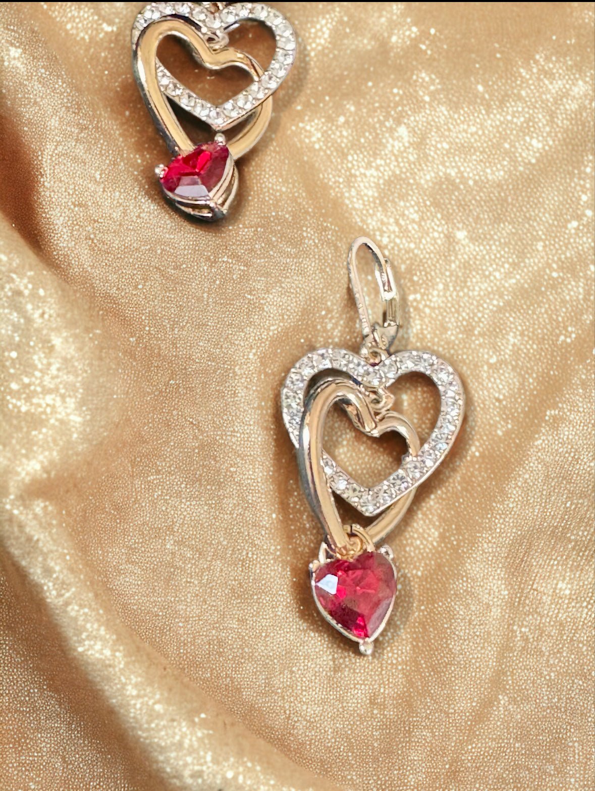 Gold Tone Red Heart and Crystal Double Drop Lever Back Earrings - Reed House of Jewels