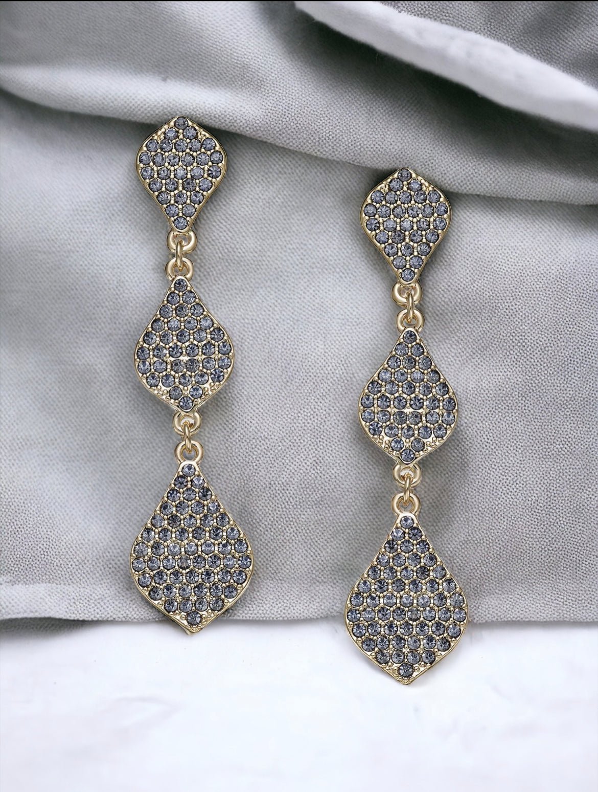 Gold Tone Grey Crystal Triple Drop Earrings - Reed House of Jewels