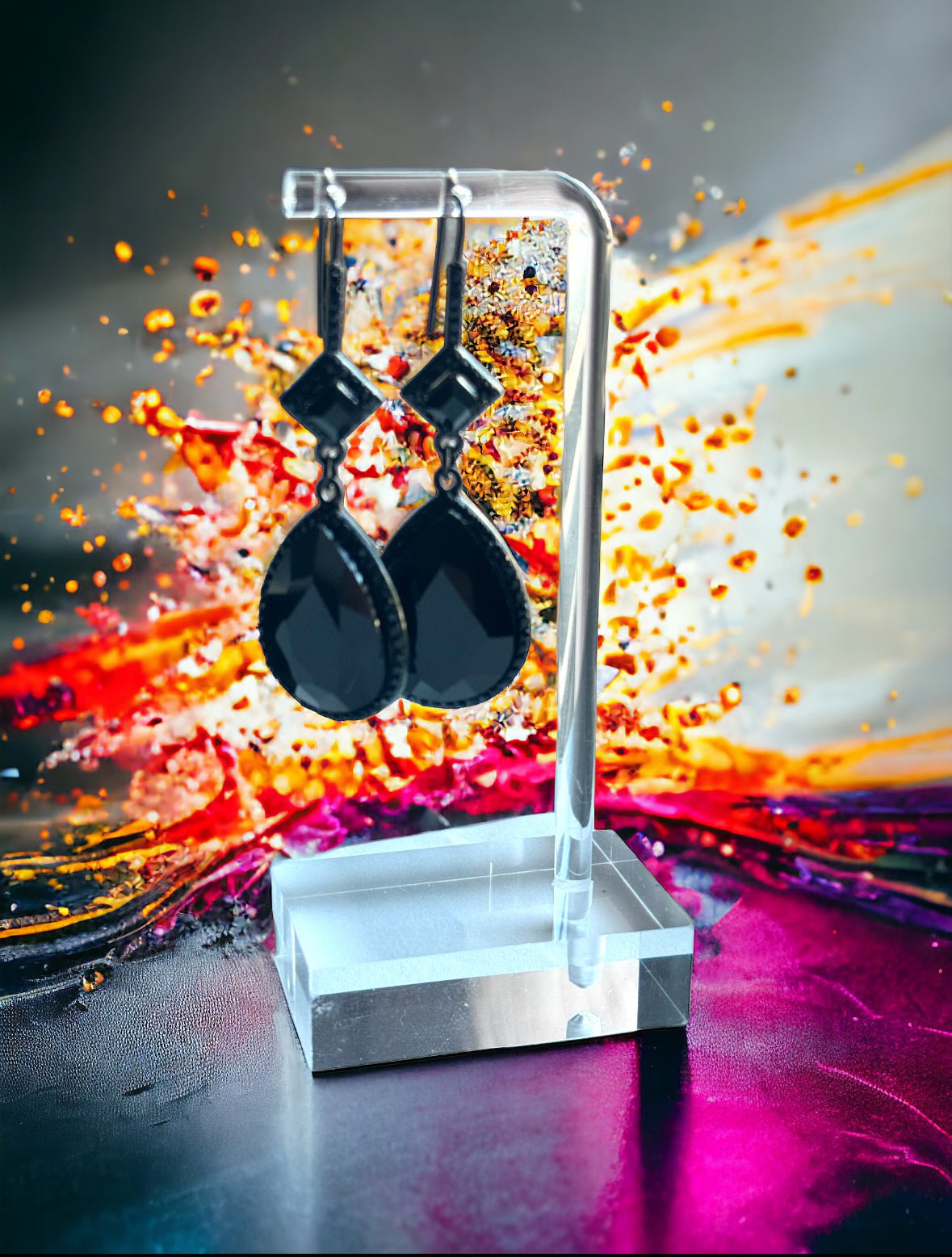 Jet Black Small Square with Teardrop Drop Earrings - Reed House of Jewels