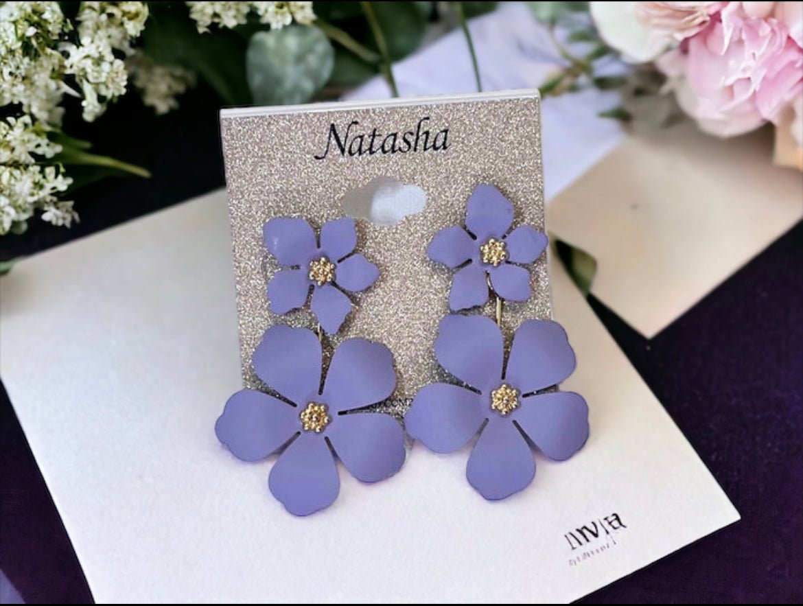 Lavender/Purple Gold Tone Dangle Flower Blossom Earrings - Reed House of Jewels