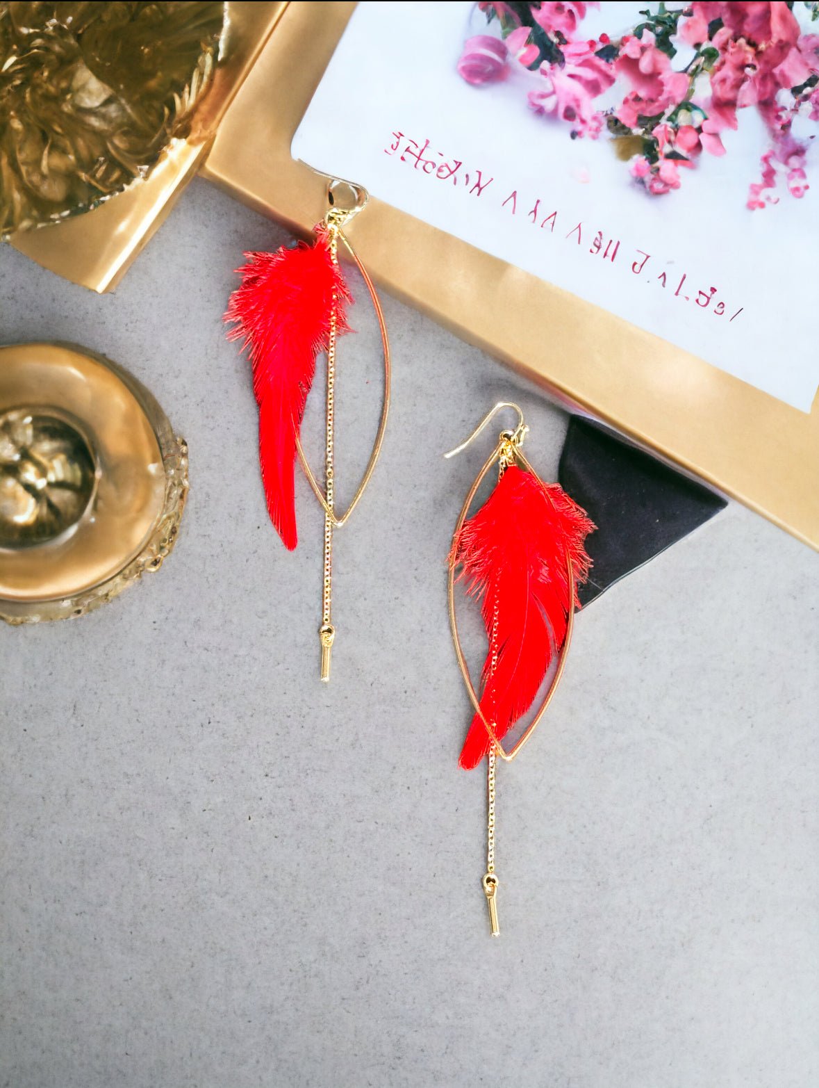 Open Leaf and Red Feather Earrings - Reed House of Jewels