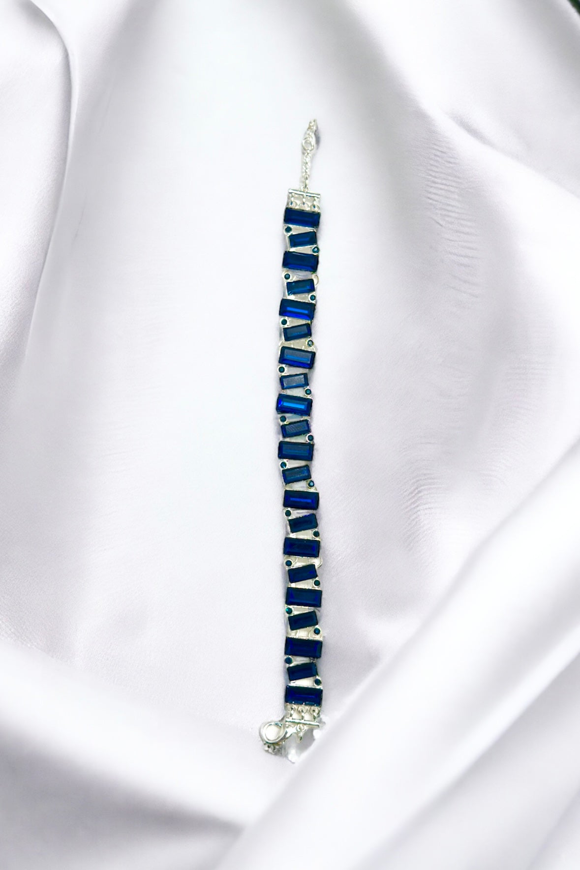 Silver - Tone Baguette Navy Blue Stone Flex Bracelet - Reed House of Jewels