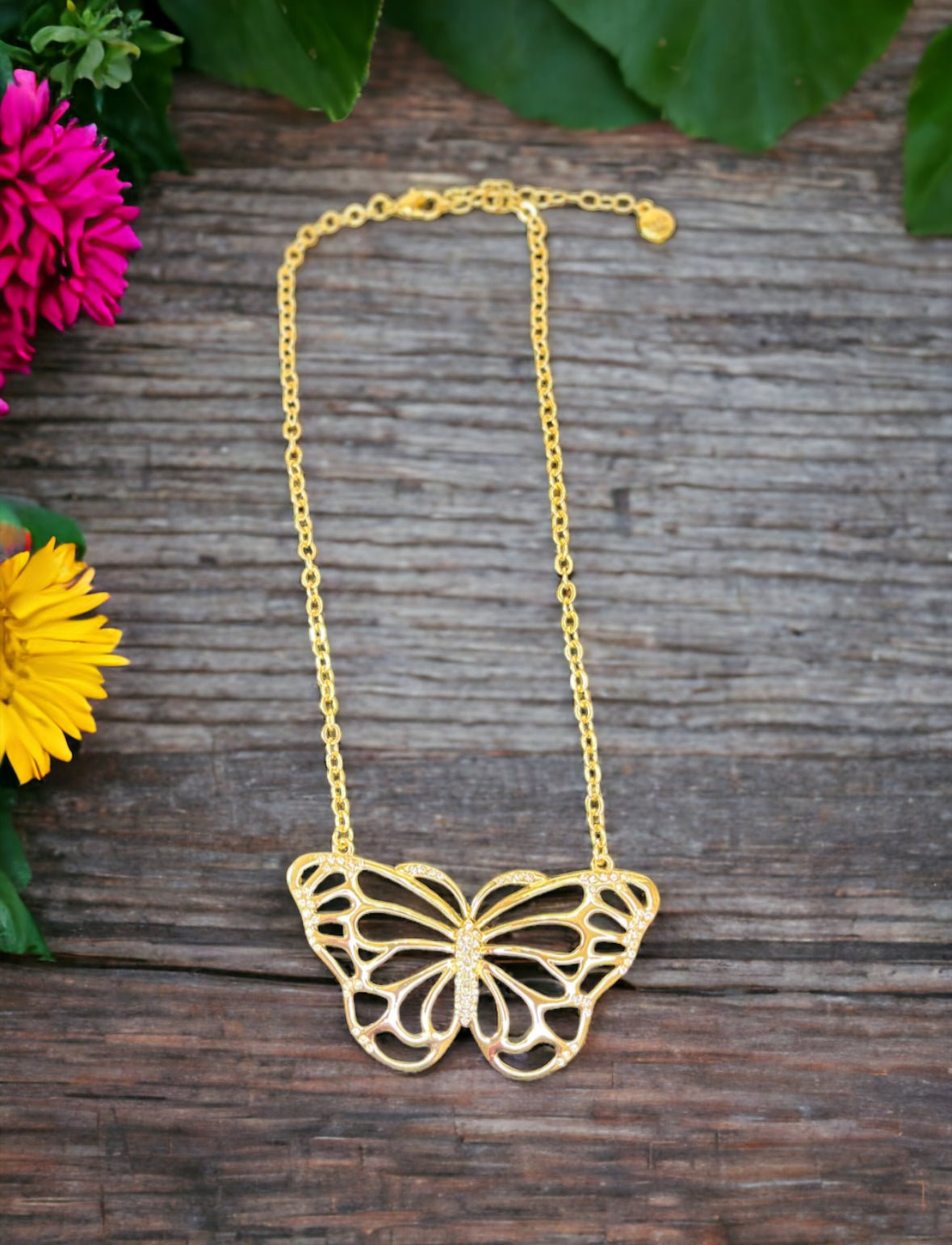 Gold Tone and Crystal Butterfly Necklace - Reed House of Jewels