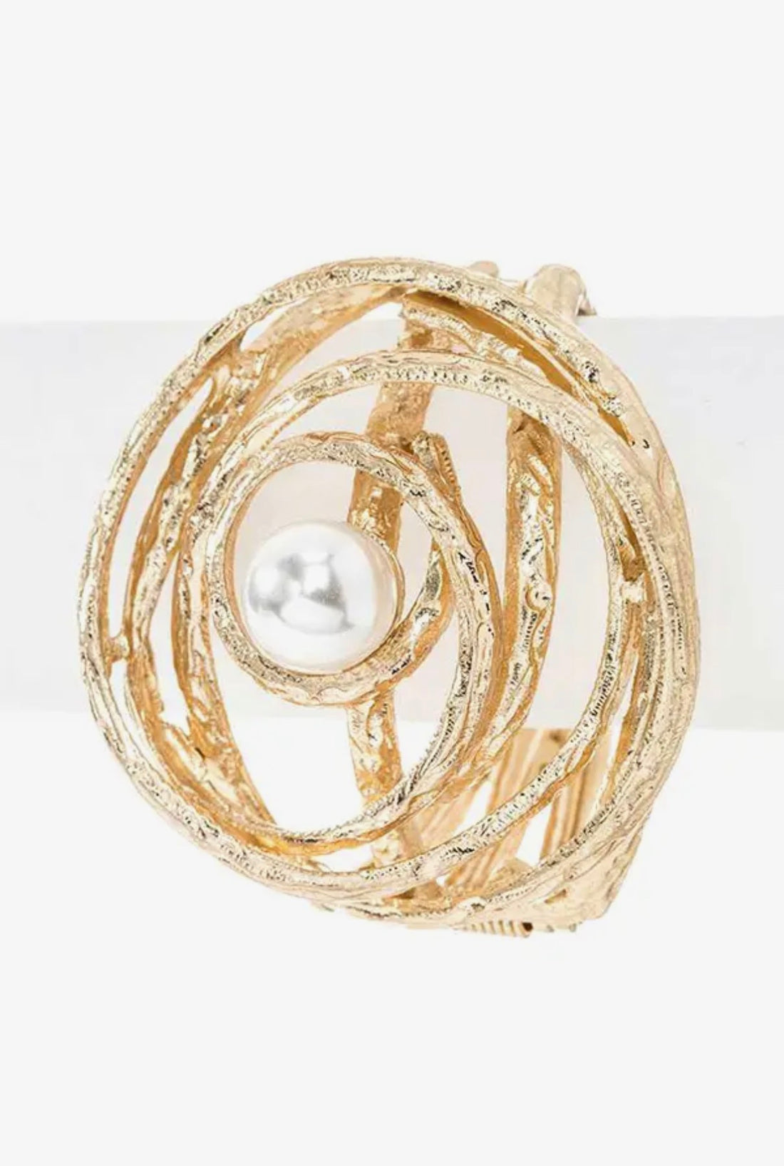 Pearl Accent Oversize Textured Whirl Hinged Gold Tone Bangle Bracelet - Reed House of Jewels