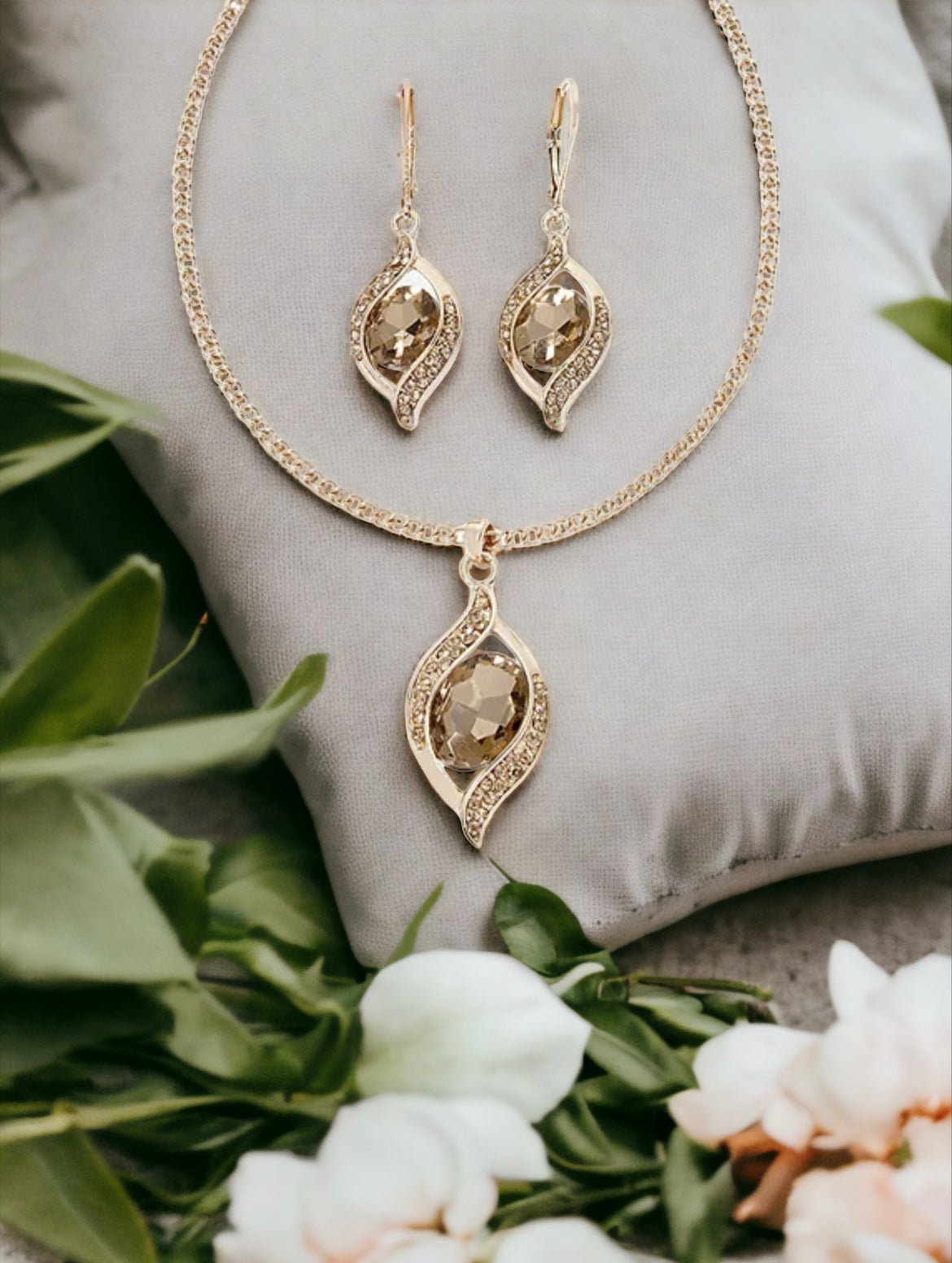 Pave Light Taupe Pendant Necklace and Drop Earring 2 - pc. Jewelry Set - Reed House of Jewels