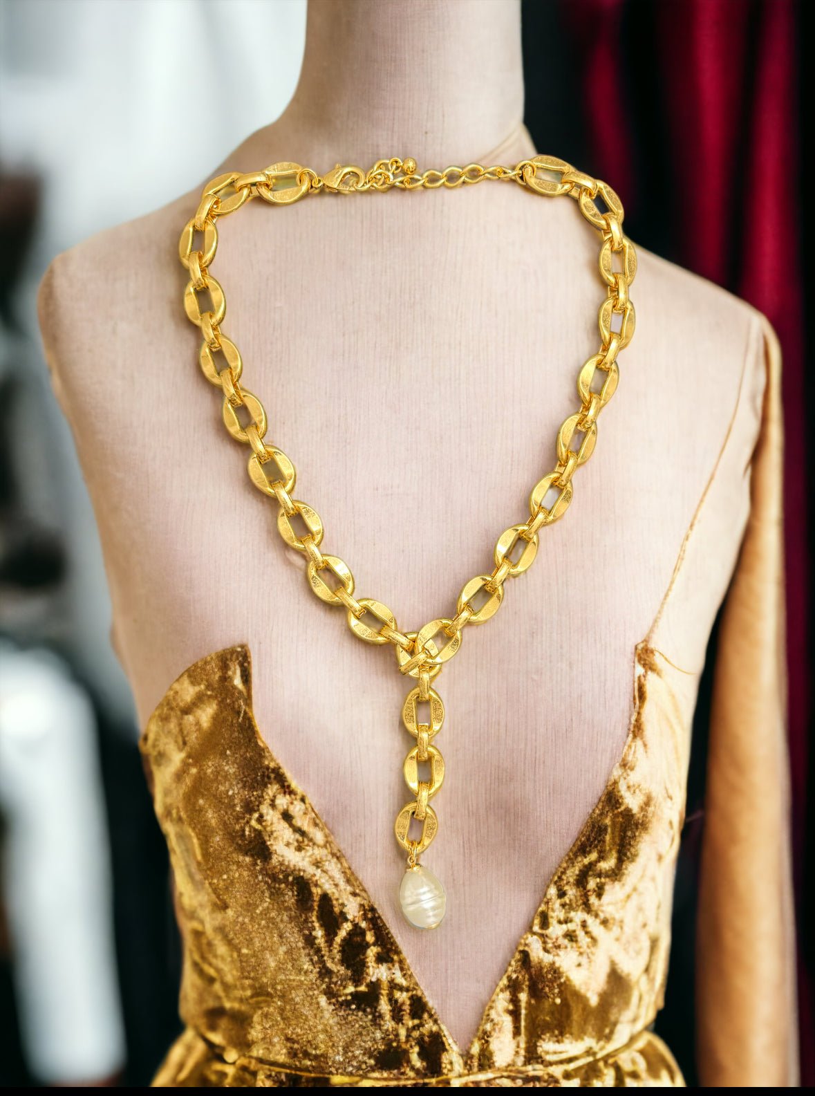 Freshwater Pearl Bold Link Necklace - Gold - Reed House of Jewels