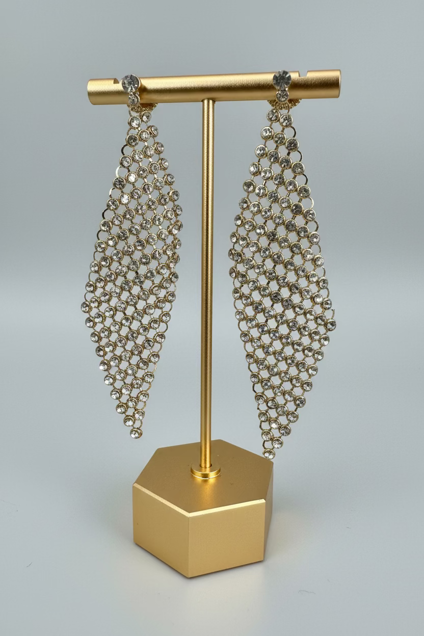Gold Tone Mesh and Crystal Dangle Earrings