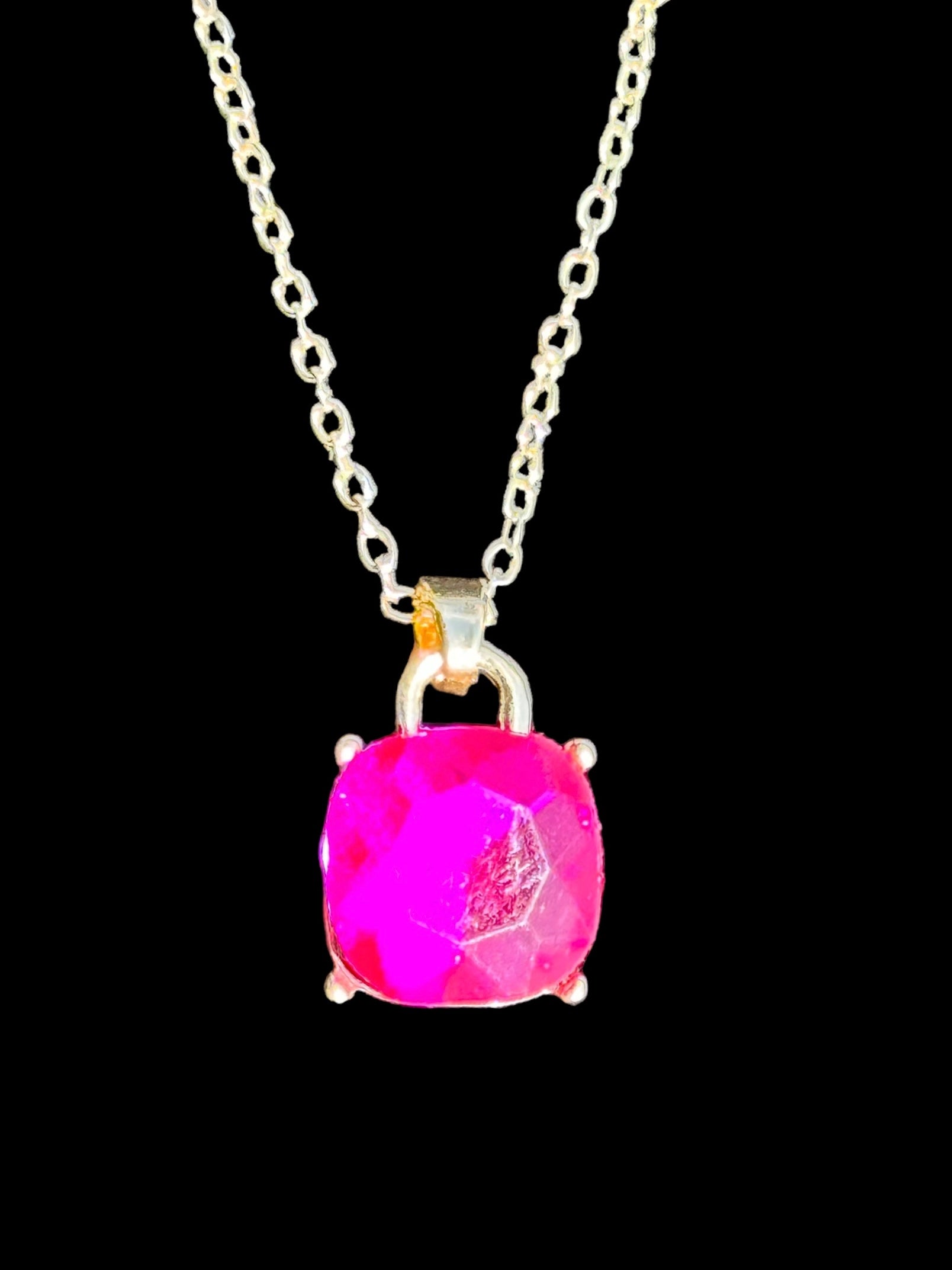 Gold Tone and Fuchsia Square Pendant Necklace - Reed House of Jewels