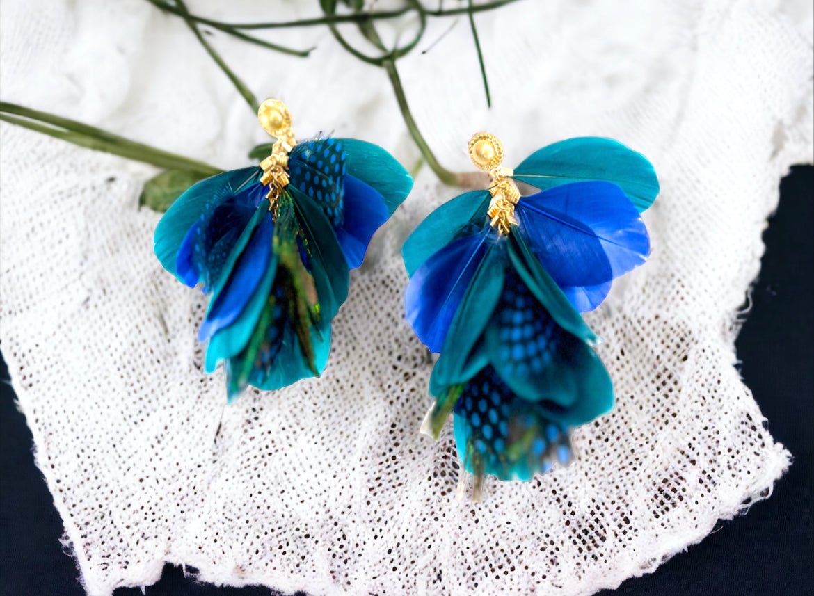 Gold Tone and Feather Blue/Green/ Black Earrings - Reed House of Jewels