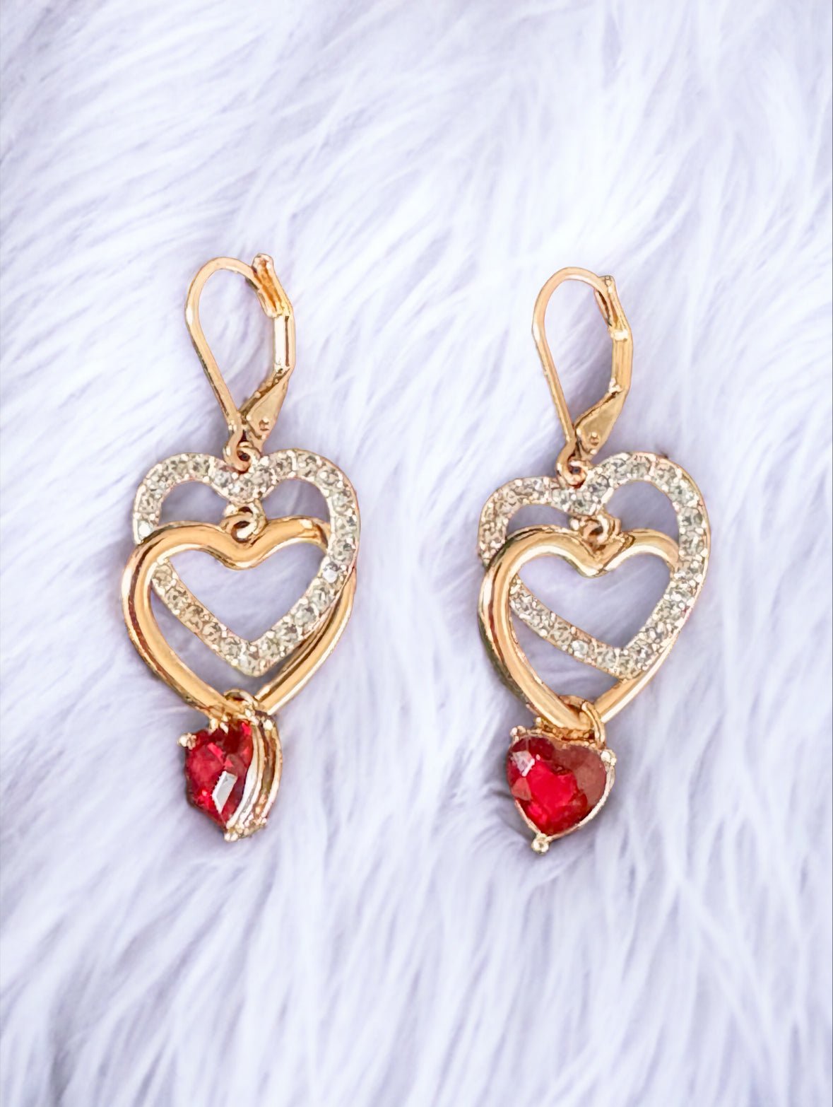 Gold Tone Red Heart and Crystal Double Drop Lever Back Earrings - Reed House of Jewels