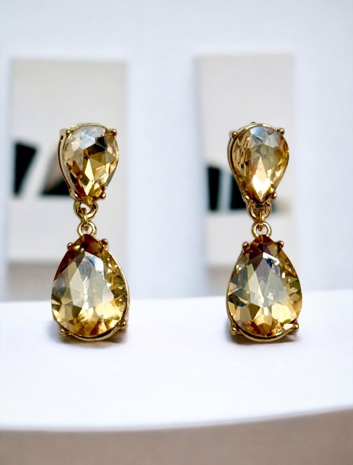 Gold Tone and Light Topaz Crystal Double Teardrop Post Earrings - Reed House of Jewels