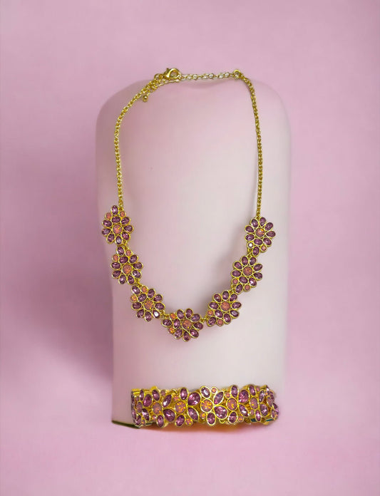 Gold Tone Pink Blossom Necklace and Bracelet Set - Reed House of Jewels