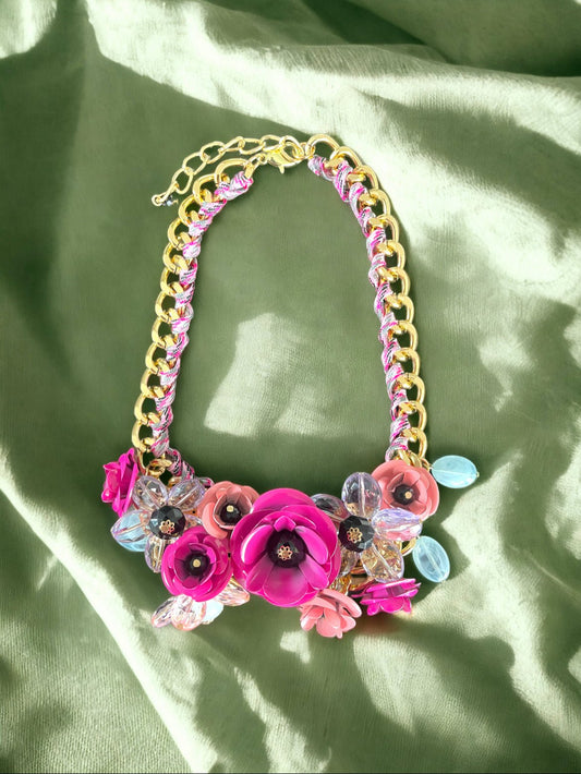 Fuchsia Floral Bouquet Statement Necklace