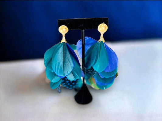 Gold Tone and Feather Blue/Green/ Black Earrings - Reed House of Jewels