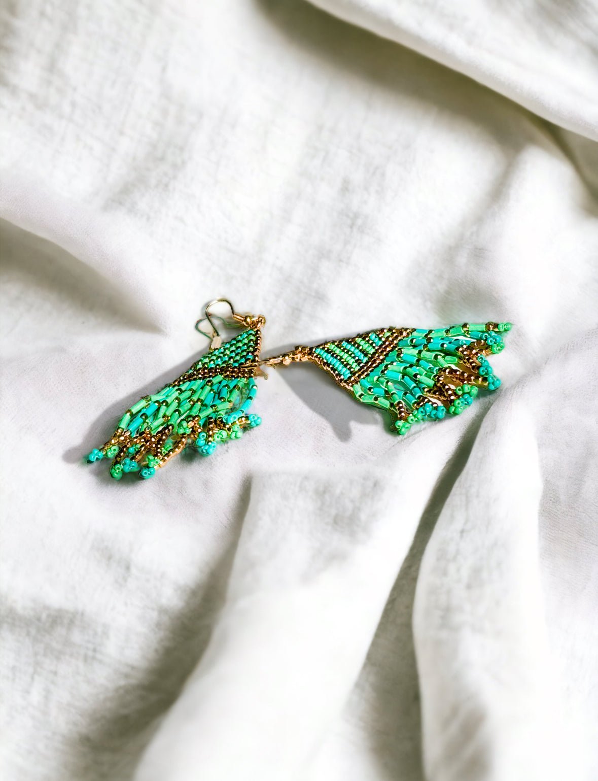 Green and Gold Beaded Dangle Earrings - Reed House of Jewels