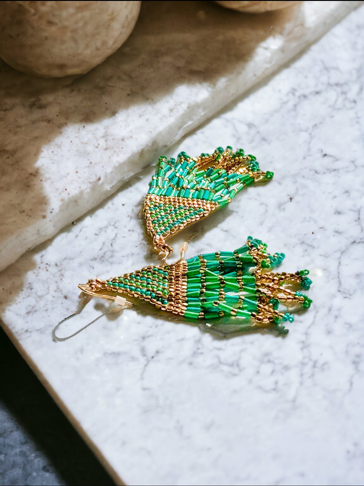 Green and Gold Beaded Dangle Earrings - Reed House of Jewels