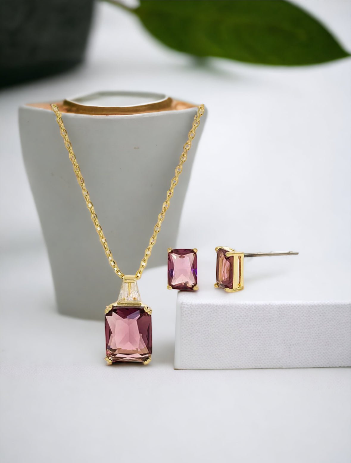 Cubic Zirconia 14K Gold Over Brass Rectangular 2 - pc Jewelry Set - Reed House of Jewels