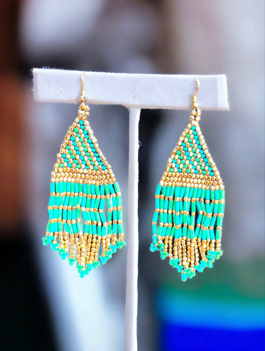 Green and Gold Beaded Dangle Earrings - Reed House of Jewels