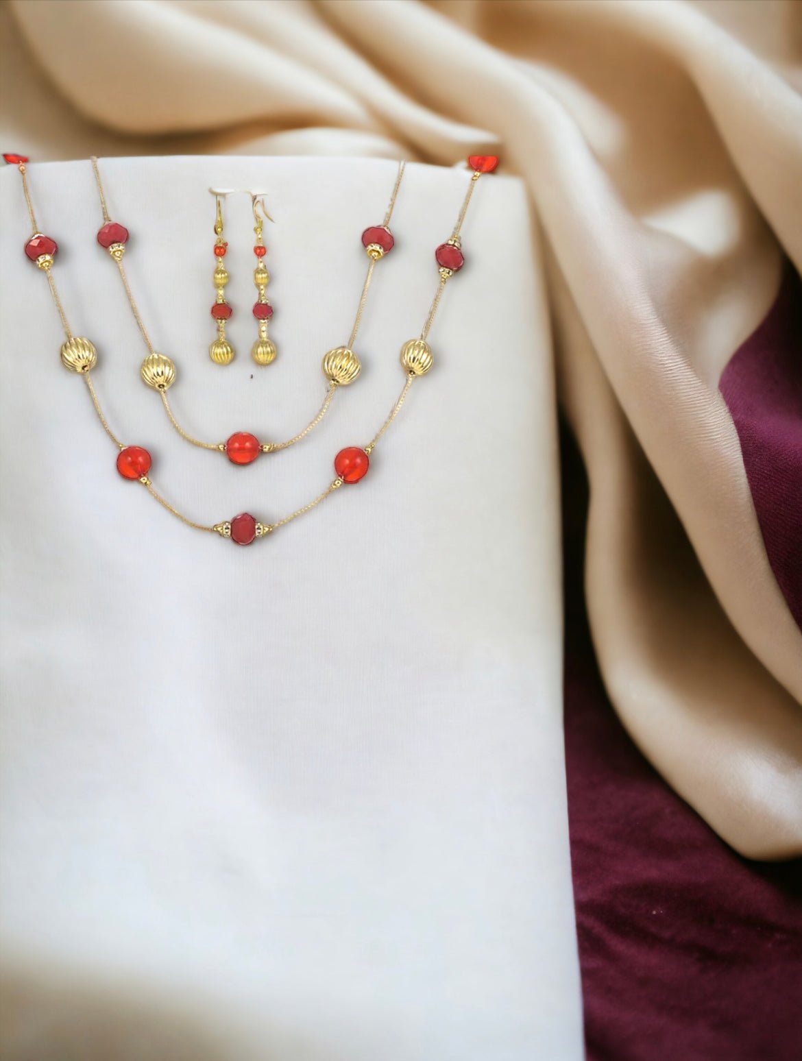Red and Gold Beaded Necklace & Drop Earring Jewelry Set - Reed House of Jewels